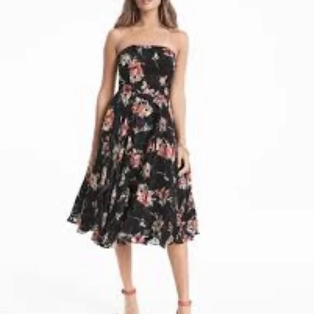Strapless Floral Midi Dress - Black with Pink Floral
